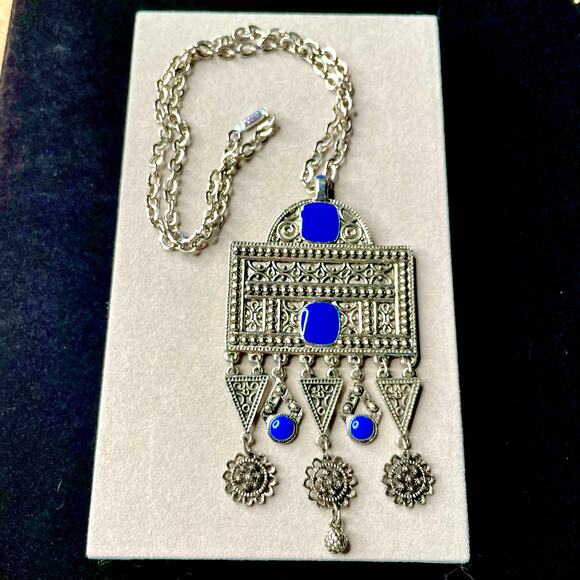 Boho Big Statement Silver Tone Blue Enamel Pendant Necklace - Picture 1 of 4